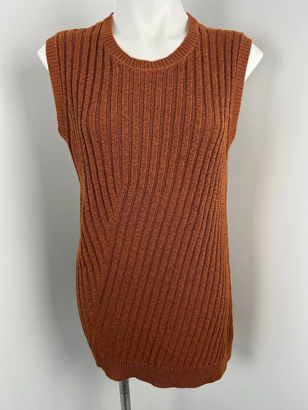 Eileen Fisher Diagonal Ribbed Burnt Orange Sleeveless Asymmetrical Knit Top S